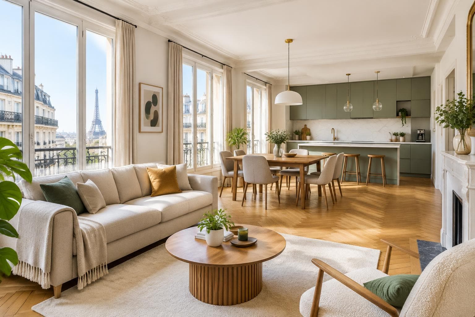Séjour lumineux d'un appartement parisien meublé avec cuisine ouverte
