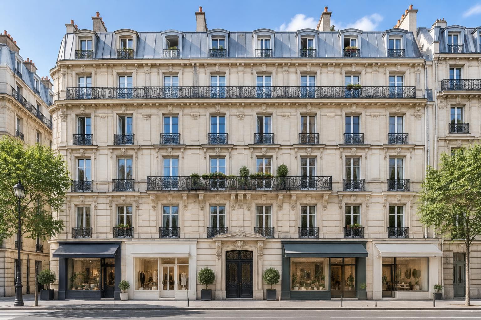 Immeuble parisien en pierre de taille avec balcons et commerces